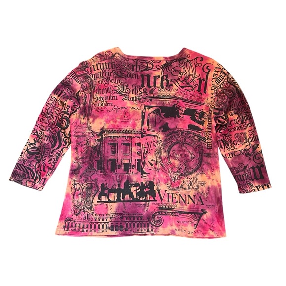 SALE Vintage Glima Vienna Graphic 3/4 Sleeve Top Tie Dye Y2K 90s Cotton USA XL - Picture 2 of 9